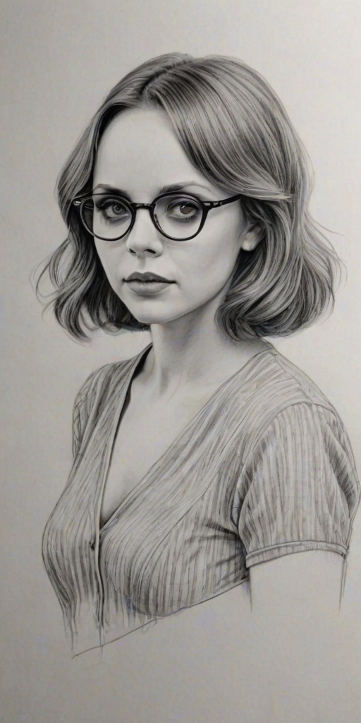 Alluring Christina Ricci, pencil sketch, portrait of Exquisite woman 1939s in glasses, hair style beatnik, outline, clear lines, fine lines, 8k