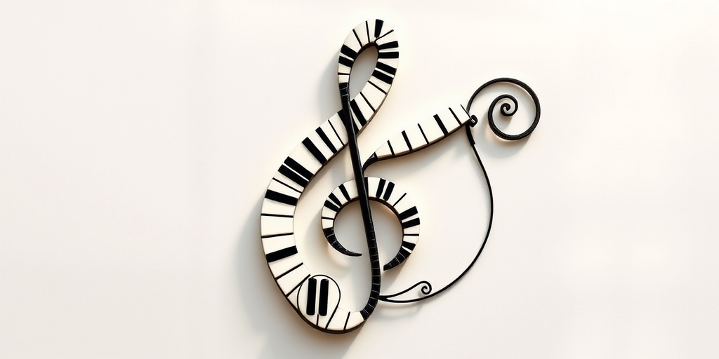 Create an intricate illustration of a treble clef designed with piano keys incorporated into its curves, high resolution, captured with a DSLR camera at f/2.8, ISO 200, 50mm lens, top-down view, natural lighting.