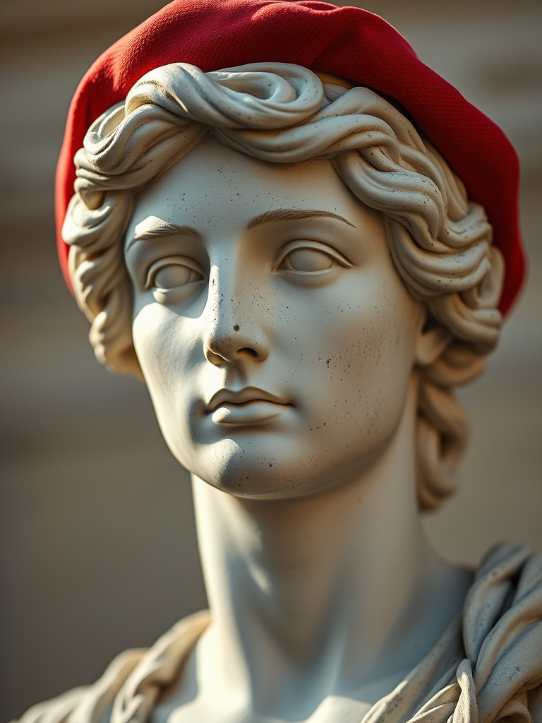 Create a realistic portrait of a classical statue wearing a red beret, focus on intricate facial details, soft lighting, Canon EOS R5, 85mm f/1.2 lens, ISO 100, f/2.8, natural light, shallow depth of field.