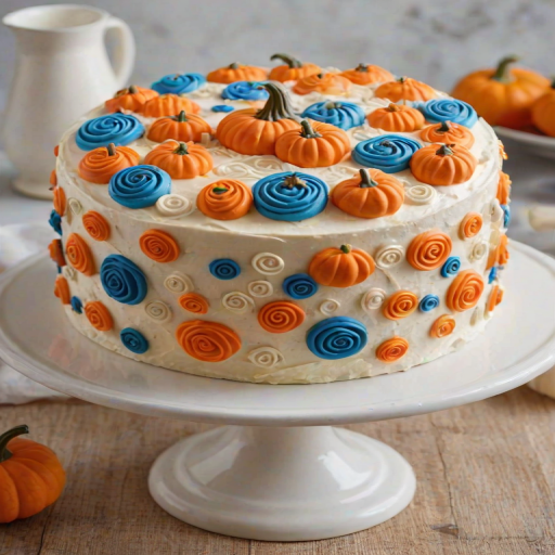 Create an image of a round cake with a smooth white frosting. The top of the cake is decorated with a variety of small, colorful buttercream swirls in orange, blue, and white, resembling miniature pumpkins. The sides of the cake are coated with a crumb crust, giving it a textured appearance. The background is simple and light to emphasize the cake's design.