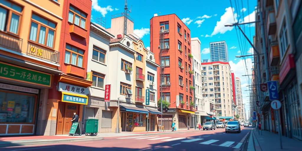 Generate a vibrant urban street scene in an anime style, with detailed buildings, a clear blue sky, and soft shadows, using a DSLR camera with a 50mm lens, aperture f/2.8, ISO 100, and a slight tilt-shift effect for enhanced depth.