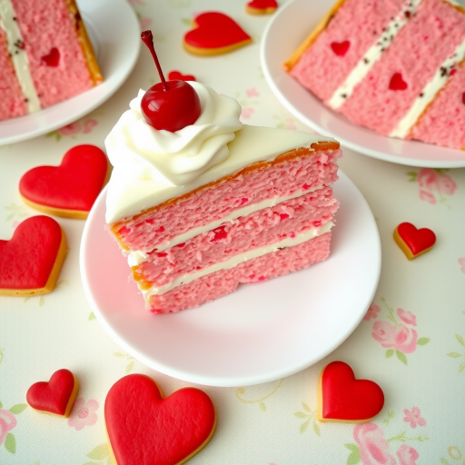A slice of pink layer cake with whipped cream on top and a cherry garnishing it placed on a white plate surrounded by additional slices of cake and red heart-shaped cookies all arranged on a light floral tablecloth.
