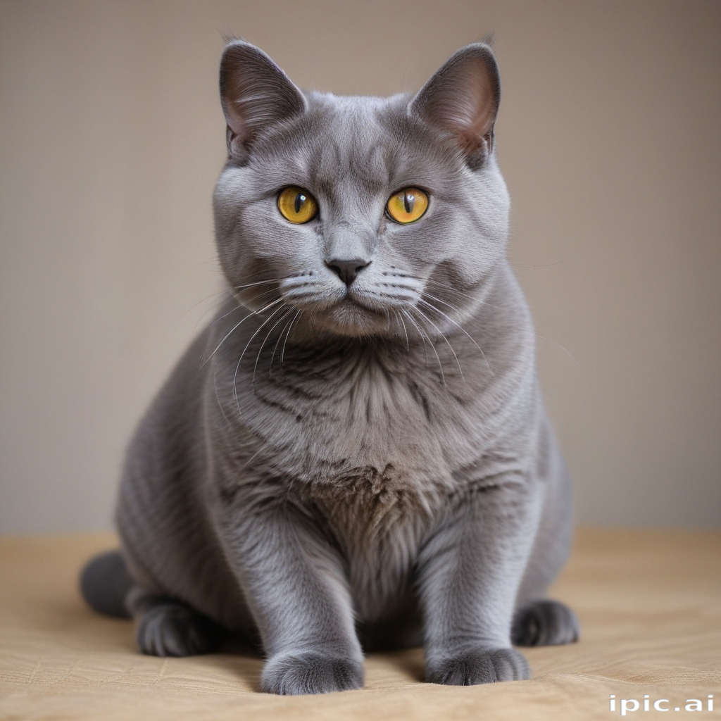 A Majestic Grey Cat with Striking Yellow Eyes Posing Elegantly.