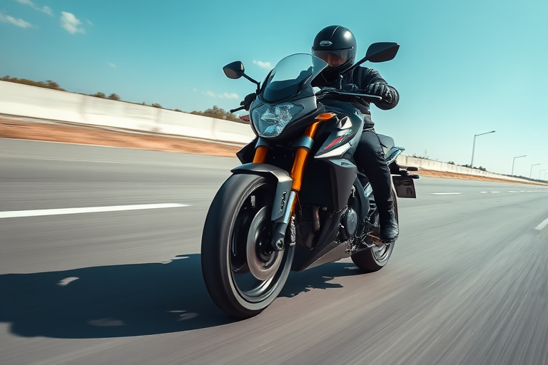 Capture a dynamic shot of a motorcyclist riding a sleek black motorcycle along an open road, using a DSLR camera at a shutter speed of 1/1000s, aperture f/4, ISO 200, with a focus on motion blur in the background to emphasize speed, from a low-angle side view for dramatic effect.