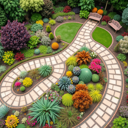 create a vibrant garden landscape with winding paths, diverse plants, and benches, shot with a DSLR camera, f/8 aperture, 1/125 shutter speed, ISO 200, top-down view, realistic style