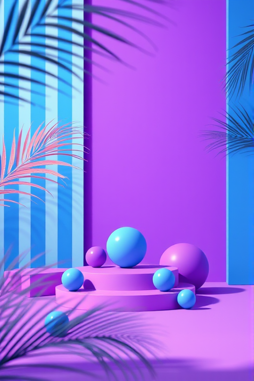 Create a 3D render of a vibrant abstract scene with two-tone blue and purple striped backgrounds, a circular pedestal in the center, various sized spheres in blue and purple, and stylized palm leaves in soft focus; use a Canon EOS R5, f/4 aperture, 24mm lens, ISO 100, 1/125s shutter speed, and dramatic lighting to enhance depth and texture.