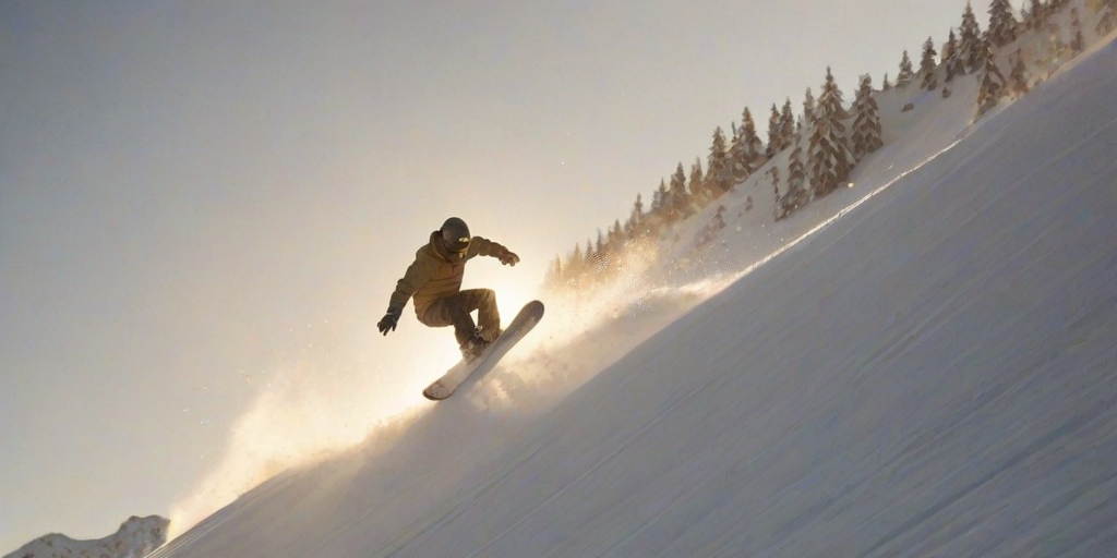 Blurry action shot of a snowboarder catching air off a jump, snow flying up around them, distant mountains in soft focus, and the golden glow of the setting sun casting long shadows on the slope.