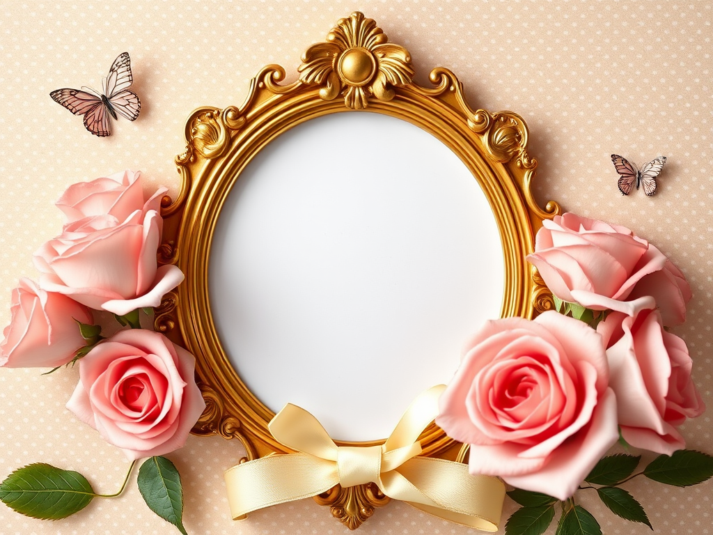 Create a vintage-style photo frame with ornate golden detailing, surrounded by soft pink roses and a delicate cream ribbon, featuring a polka dot background in beige with subtle butterfly accents, shot with a DSLR camera at f/2.8 aperture, 50mm lens, with soft natural lighting for enhanced clarity and depth.