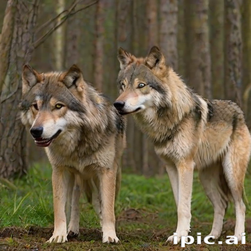 Two Majestic Wolves Standing Together in a Serene Forest Setting