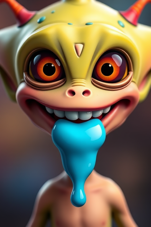 Create a vibrant cartoon alien character with a big smile and drooling blue liquid, using a 50mm lens, f/2.8 aperture, ISO 100, and a shallow depth of field for a clean, focused background, in a digital art style.