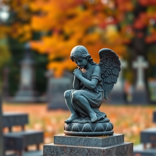 Create an image of a somber angel statue sitting on a gravestone in a cemetery during autumn, with vibrant foliage in the background, captured with a full-frame DSLR camera at f/1.8, ISO 100, 50mm lens, soft natural lighting, and a shallow depth of field for enhanced detail and focus on the statue.