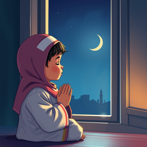 Create an illustration of a child in Islamic attire praying by a window at night, with a crescent moon visible outside, using a Canon EOS R5, 50mm lens, f/2.8 aperture, ISO 800, soft lighting to enhance colors and details.
