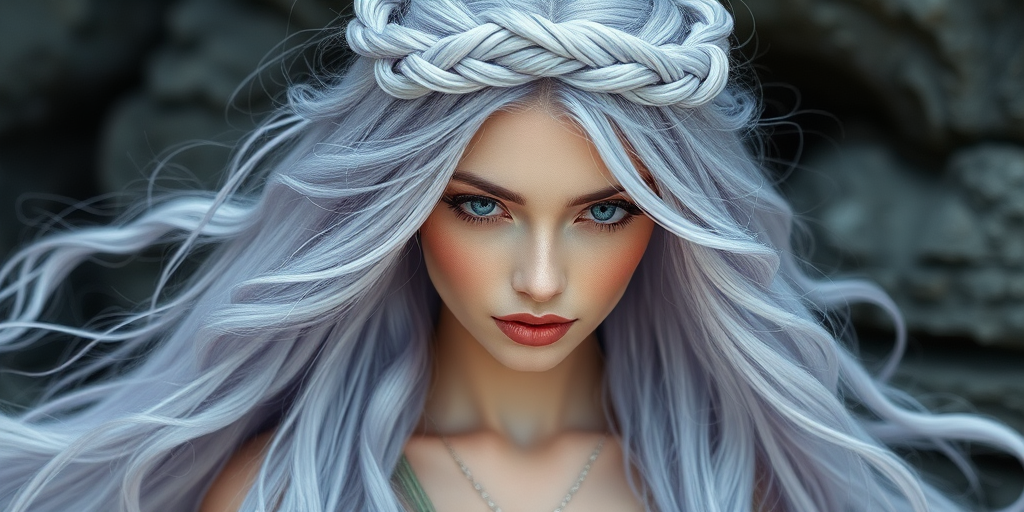 Mesmerizing silver-haired goddess with long, mermaid-like tresses, featuring subtle lavender highlights and intricate braided crown
