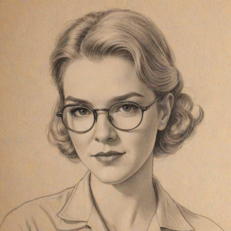 Graceful Lily Rabe, pencil sketch, portrait of Superb woman 1935s in glasses, hair style beatnik, outline, clear lines, fine lines, 8k