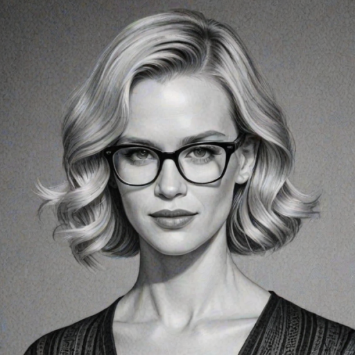 Elegant January Jones, pencil sketch, portrait of Enchanting woman 1921s in glasses, hair style beatnik, outline, clear lines, fine lines, 8k