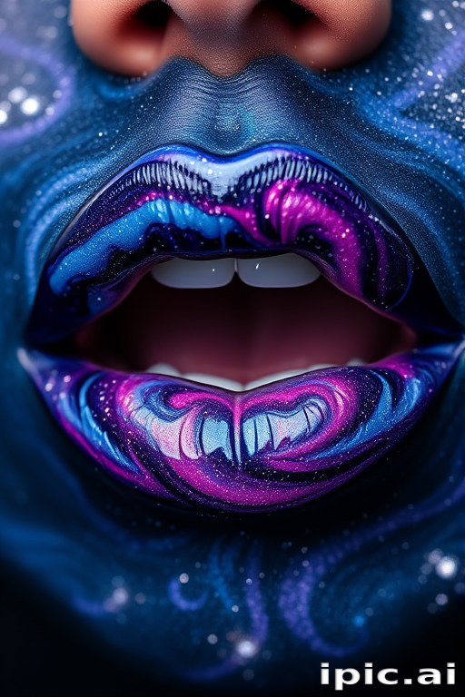 Enchanting galaxy lips swirling with deep blues, purples, and hints of silver glitter, mimicking the vast expanse of the cosmos on a miniature scale