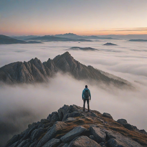 Low-resolution image of a foggy mountain landscape at dawn, muted pastel colors in the sky, soft light breaking through the mist, with a lone hiker in the foreground standing on a rocky outcrop.