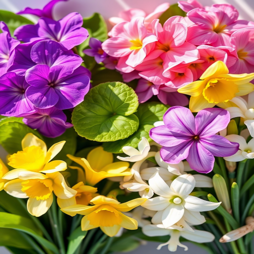 Create a vibrant, high-resolution digital illustration of four distinct flower arrangements including purple violets, pink clovers, yellow daffodils, and white blossoms with green leaves, captured with a Canon EOS 5D Mark IV, 50mm lens, f/2.8 aperture, and a shallow depth of field, using natural light for soft shadow effects.