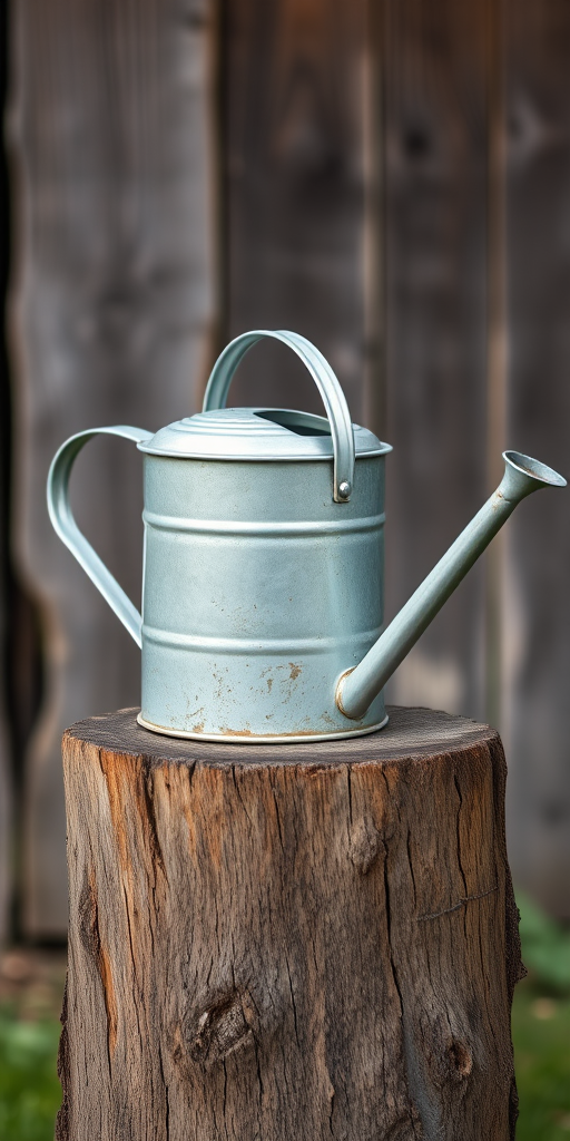 a galvanized metal watering can placed on a wooden stump with a blurred rustic wooden background, shot with a 50mm lens at f/1.8, ISO 100, 1/200 sec, natural light, shallow depth of field, focus on the watering can