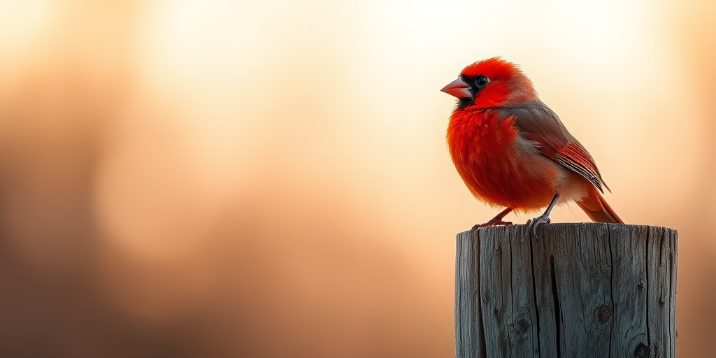 Capture a vibrant red bird perched on a weathered wooden post with a blurred, soft-focus background, using a DSLR camera with a 50mm lens at f/1.8, shutter speed of 1/500s, ISO 200, golden hour lighting for enhanced warmth and contrast.