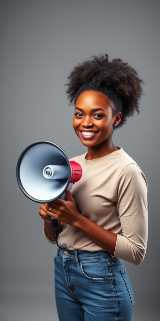 woman with afro hairstyle holding a megaphone, smiling, studio lighting, plain gray background, shallow depth of field, ISO 100, f/2.8, 85mm lens, DSLR camera