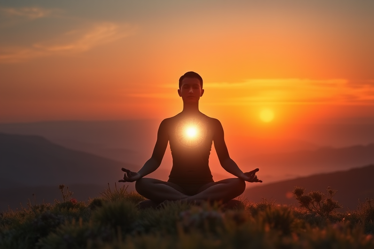 Create a serene image of a meditating figure in a mystical landscape with glowing energy emanating from the heart chakra, captured with a DSLR camera, 50mm lens, f/1.8 aperture, ISO 100, at sunset for golden hour lighting, in HDR style to enhance detail and contrast.