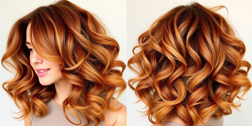 Warm caramel brown hair styled in voluminous, bouncy curls with honey highlights, the Honeycomb Haven style radiates sweet sophistication and natural charm