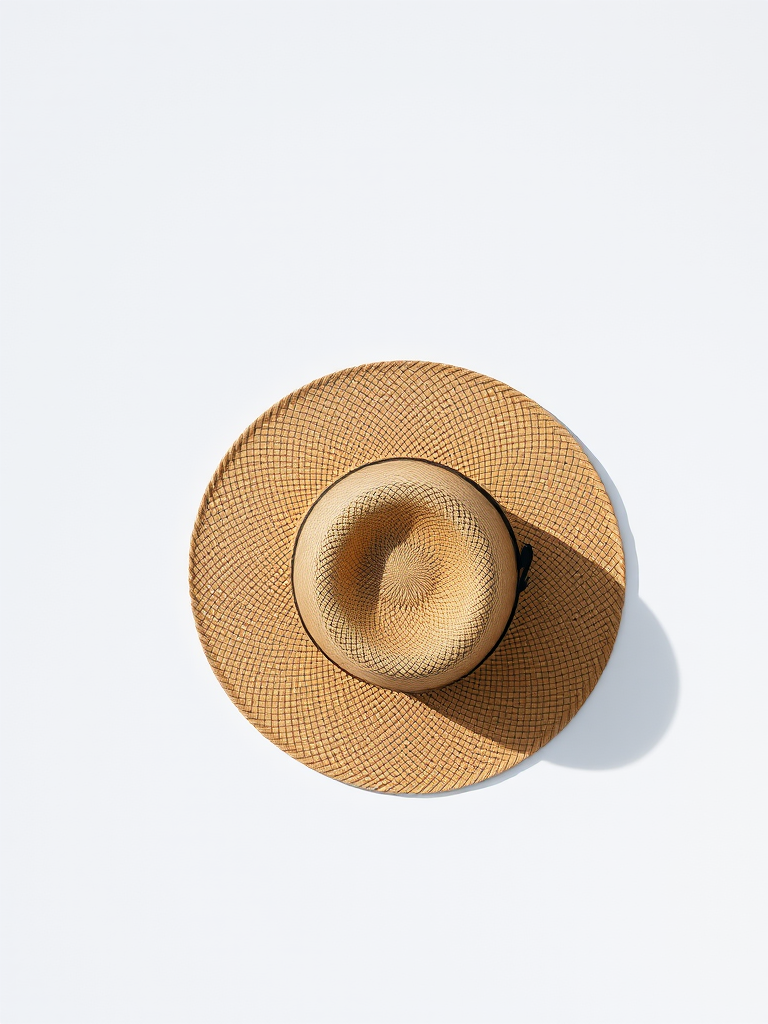 straw hat on a plain background, high resolution, camera settings: f/2.8, 1/125s, ISO 100, 50mm lens, top-down view, natural lighting, DSLR camera