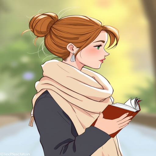 Create a stylized illustration of a woman with long hair in a bun wearing a cozy scarf, holding a book, side profile view, soft pastel colors, detailed line art, natural lighting, shallow depth of field, high-resolution digital art.