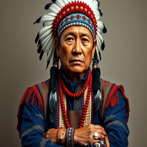 Create a dignified portrait of a Native American man dressed in traditional attire. He wears a beautifully crafted headdress adorned with white feathers and red beads, along with a beaded headband featuring intricate patterns. His clothing includes a deep blue, patterned shirt and a traditional chest piece with detailed beadwork. His arms are crossed, displaying leather armbands decorated with feathers. The background is simple and neutral, emphasizing his proud and stoic expression. The overall image captures the rich cultural heritage and strength of his persona.