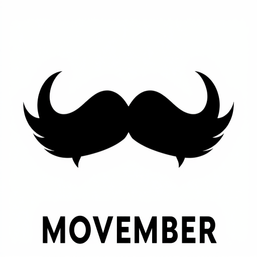 Generate a sleek black mustache logo with bold lettering saying "MOVEMBER" underneath, shot in high resolution with a DSLR camera, f/2.8 aperture, 50mm lens, and a clean white background for enhanced contrast.