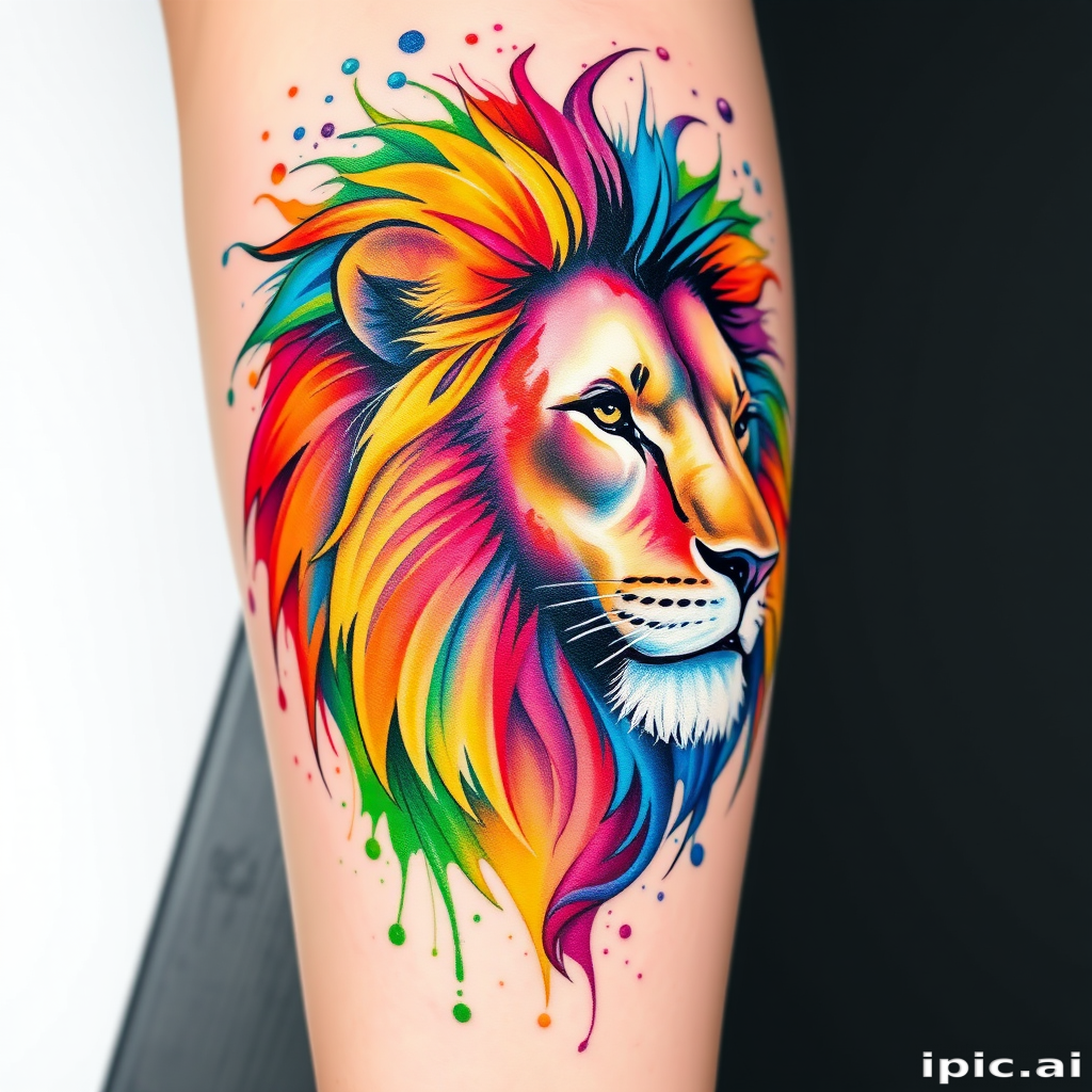 Watercolor splash tattoo depicting a majestic lion with a flowing mane of vibrant rainbow hues, seamlessly blending realism and abstract expressionism for a stunning artistic piece