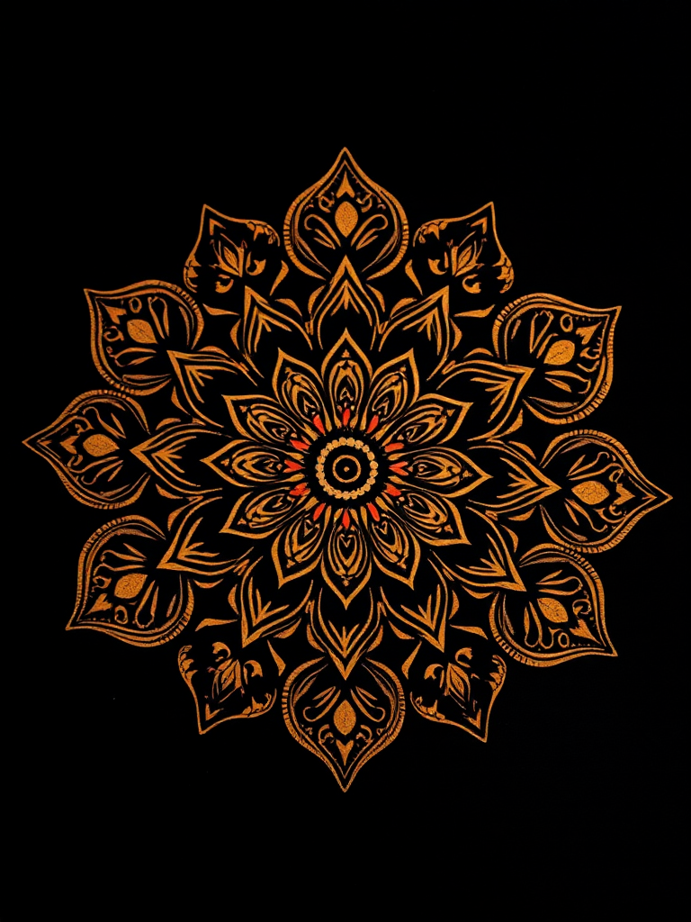 create a detailed mandala pattern with intricate floral designs on a black background, shot with a DSLR camera at f/8 aperture, ISO 100, 50mm lens in macro view for enhanced sharpness and texture, using a warm color palette for subtle highlights.