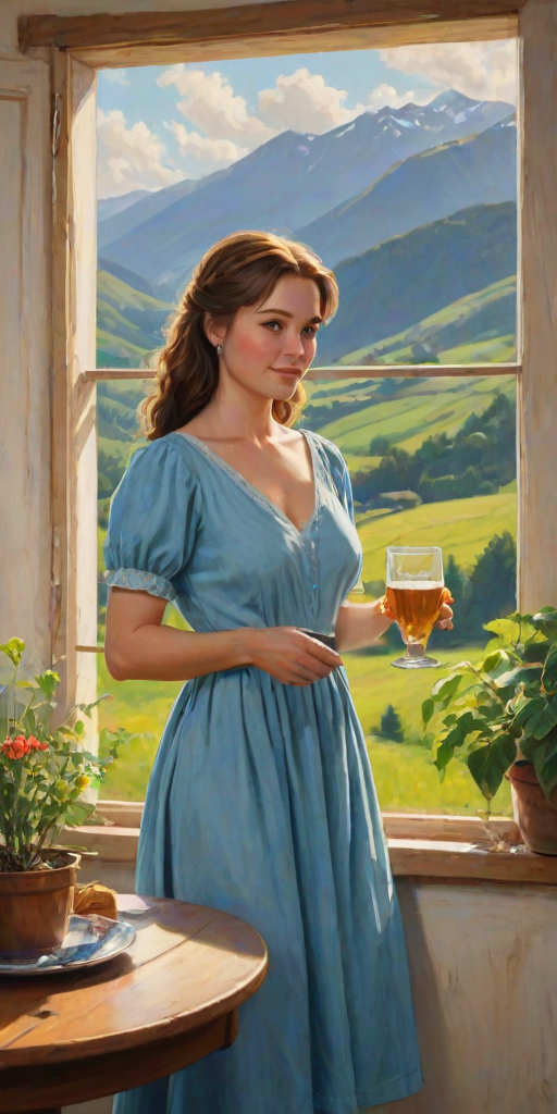 In "A Glass of Beer on the Highland," a serene scene is depicted in a sunlit room where a woman in a vibrant blue dress stands by a large window. She holds a tray with a hearty meal and a frothy glass of beer, embodying a moment of relaxation. Outside, the breathtaking highland landscape features rolling green hills and a charming traditional house, all bathed in warm afternoon light. The interior is adorned with potted plants, creating a harmonious blend of comfort and nature. The painting beautifully captures the tranquility and joy found in simple pleasures amidst stunning scenery