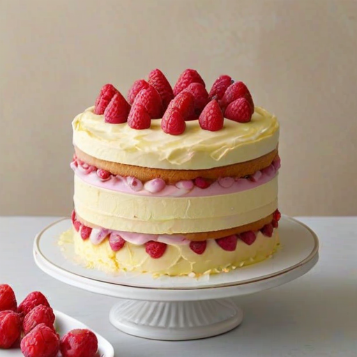 Create an image of a beautifully layered cake with a light yellow sponge. The cake should have visible layers filled with raspberry jam and a rich buttercream frosting. Top the cake with fresh raspberries and pastel-colored decorations, set against a neutral background. The cake should look inviting and delicious, showcasing its soft texture and vibrant filling.