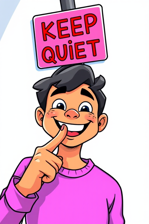Create a brightly colored illustration of a smiling person with a cartoonish style, pointing at a sign that says "KEEP QUIET" with a finger to their lips, using a 50mm lens, aperture f/2.8, ISO 100, in sunlight, capturing a vibrant and playful scene.