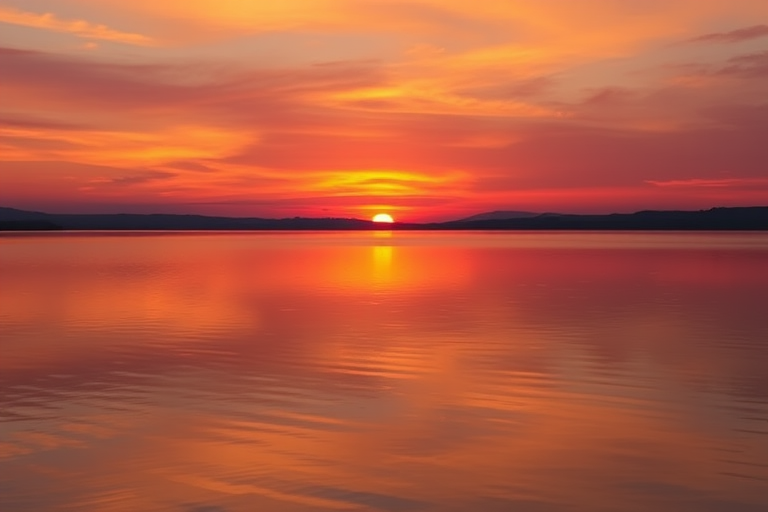 Generate an image of a sunset over a calm lake with vibrant orange and purple hues reflecting on the water, using a DSLR camera at 50mm, f/2.8 aperture, ISO 100, at a golden hour perspective.