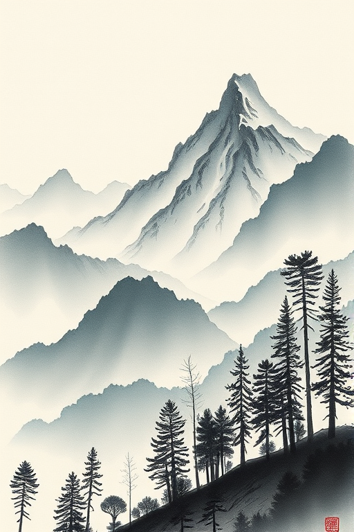 Create a detailed and realistic fan-shaped painting of mountains and trees in a serene landscape, using soft ink wash techniques, captured with a high-resolution DSLR camera at f/8 aperture, ISO 100, 50mm lens, natural lighting, focusing on soft textures and subtle color gradients.