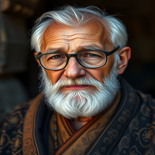 Create a highly detailed portrait of an elderly man with white hair and a beard, wearing glasses and a robe with intricate designs, captured with a 50mm lens, f/1.8 aperture, ISO 100, natural lighting, and a shallow depth of field for a soft background.