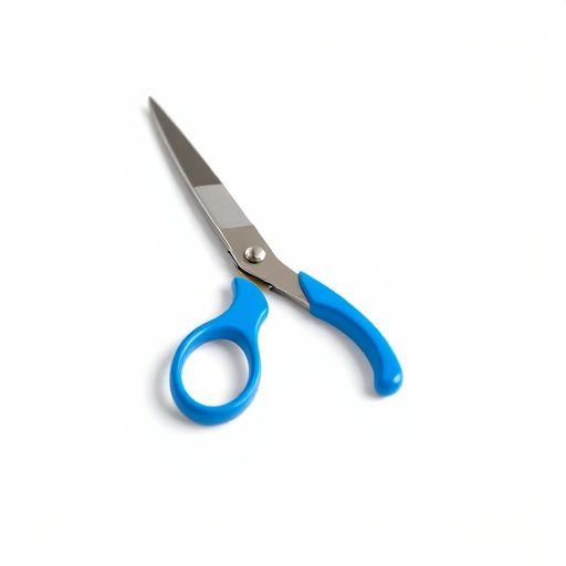 Generate a high-quality image of a pair of scissors with a blue handle, using a DSLR camera with a 50mm lens, aperture set to f/2.8, shot in macro mode for close-up detail, natural lighting for soft shadows, and a clean white background to enhance focus on the scissors.