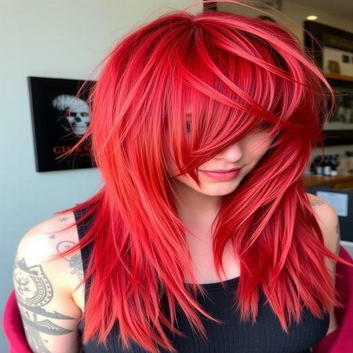 Fiery red long shag with choppy layers and wispy bangs, featuring subtle copper lowlights for depth and dimension, embodying a rebellious rock-and-roll vibe