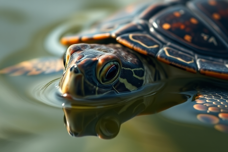photorealistic close-up of a turtle partially submerged in calm water, soft natural lighting, shallow depth of field, 50mm lens, f/2.8 aperture, ISO 200, 1/200s shutter speed, macro photography style