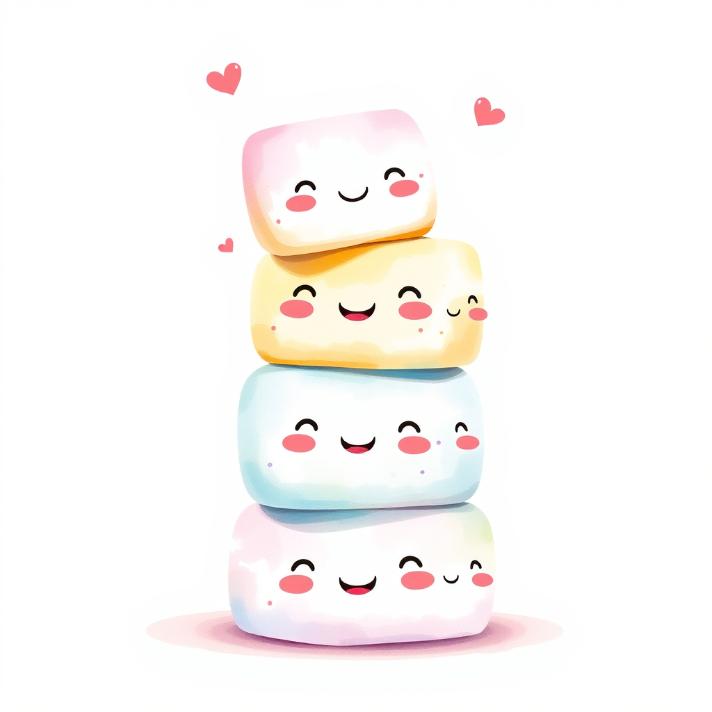 Create a whimsical illustration of six cute marshmallows stacked, with happy expressions and a watercolor effect, shot with a Canon EOS R5 at f/2.8, ISO 100, 50mm lens, soft diffuse lighting from the left, emphasizing vibrant colors and a playful mood.