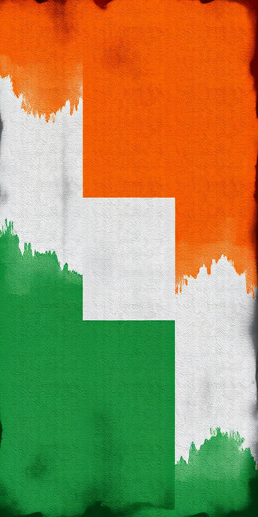regenerate an image of a textured flag with vertical stripes of orange, white, and green, with a grunge effect, using a DSLR camera, aperture f/8, shutter speed 1/125 sec, ISO 100, taken from a frontal view with natural lighting