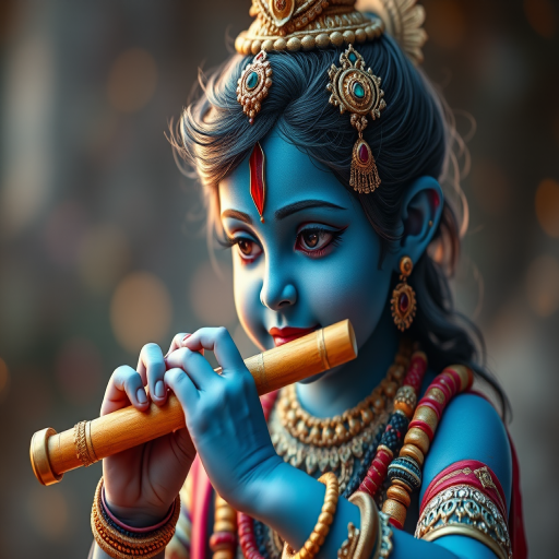 Generate an image of a young deity with blue skin playing a flute, adorned with traditional jewelry and clothing, vibrant background with soft bokeh effect, camera settings: f/1.8, ISO 100, 50mm lens, view angle: eye level, style: hyper-realistic painting effect, camera type: DSLR.