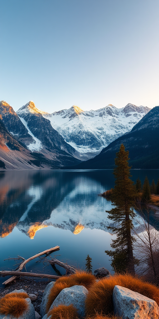 landscape of a serene lake with snow-capped mountains in the background, shot during golden hour with a DSLR camera at f/11, ISO 100, 1/125 sec, wide-angle view, vibrant colors, high-resolution quality