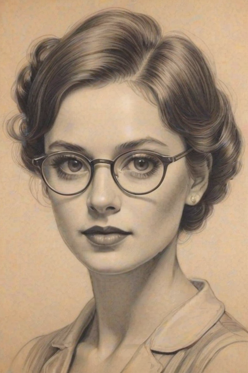 Pleasing Karen Valentine, pencil sketch, portrait of Dazzling woman 1921s in glasses, hair style beatnik, outline, clear lines, fine lines, 8k