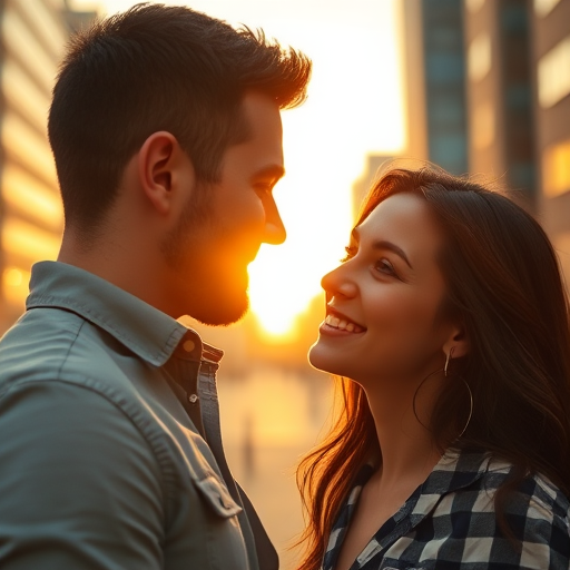 Generate a high-resolution portrait of a couple in an urban sunset scene, camera settings: aperture f/2.8, ISO 100, shutter speed 1/200, camera view: close-up, camera style: cinematic, camera type: DSLR.