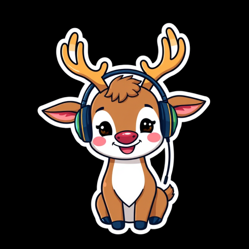 design sticker, Happy Colorful Caribou wearing Headphones, kawaii, contour, vector, black background