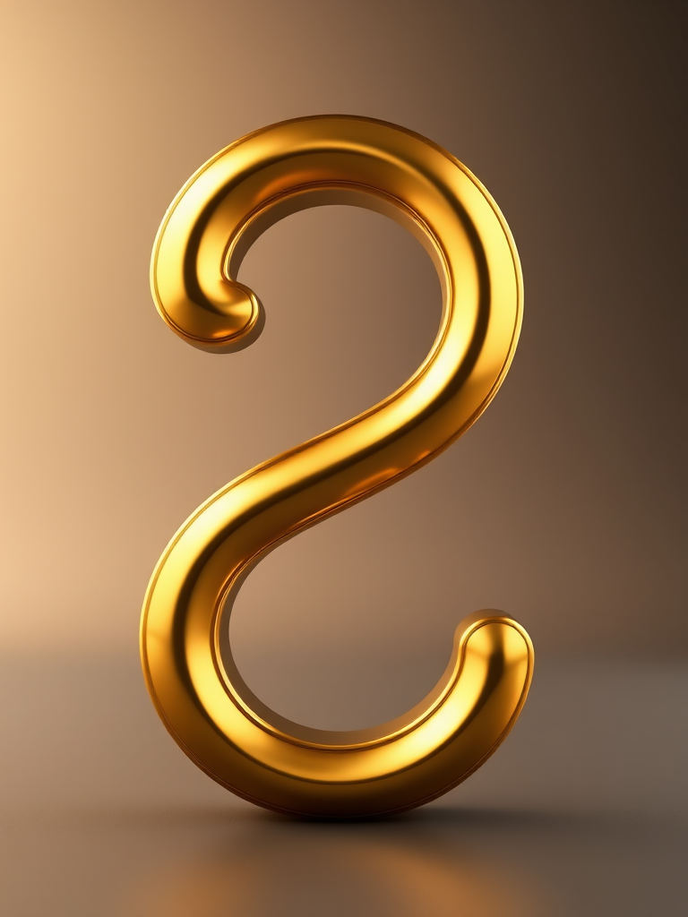 Create an elegant 3D rendering of the number 2 in glossy gold, using a DSLR camera with a 50mm lens at f/1.8 aperture, capturing a soft focus background to enhance depth, with a front view and studio lighting to accentuate reflective surfaces.